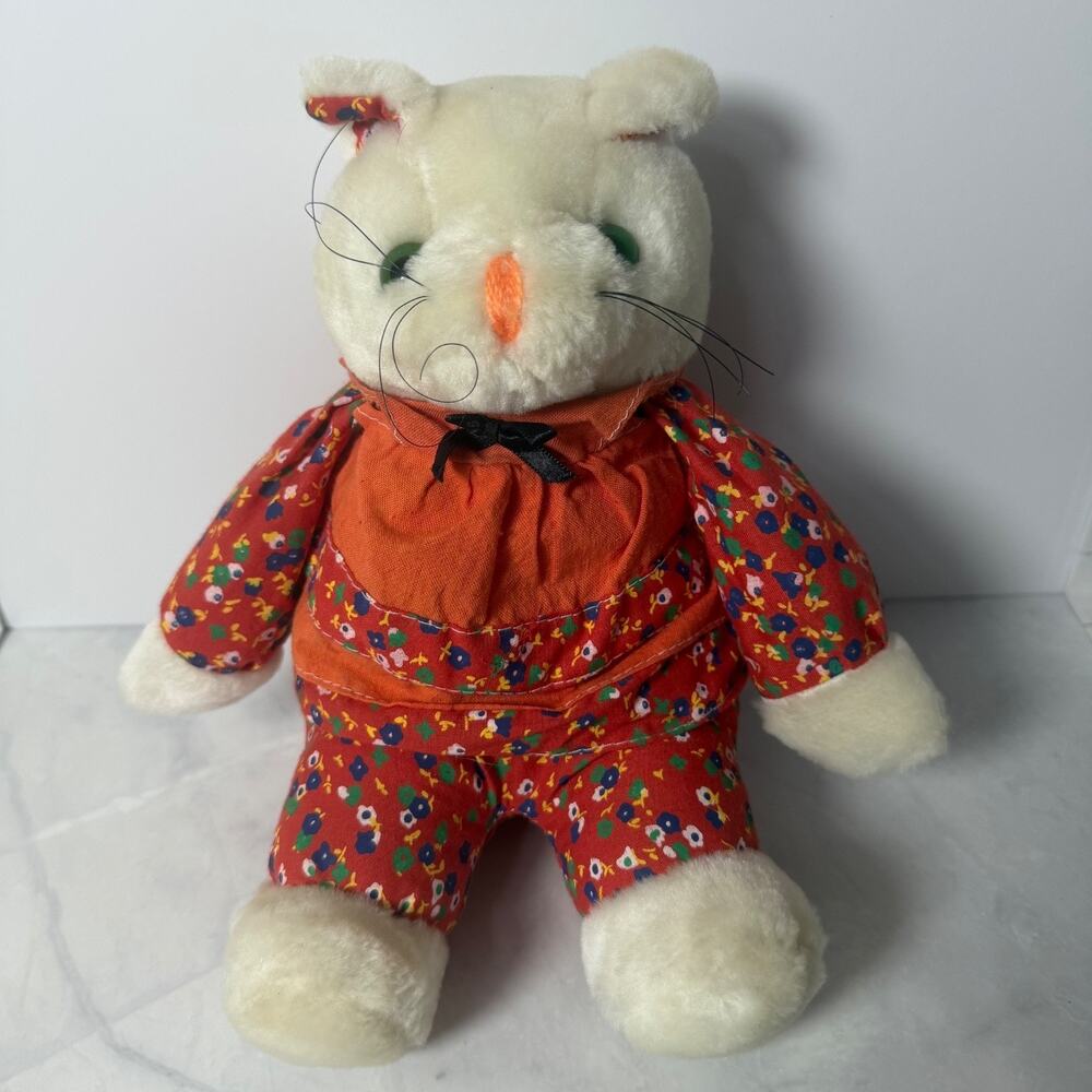 Vtg Sunray Toys White Cat Plush Red Floral Outfit Green Eyes Whiskers Black Bow
